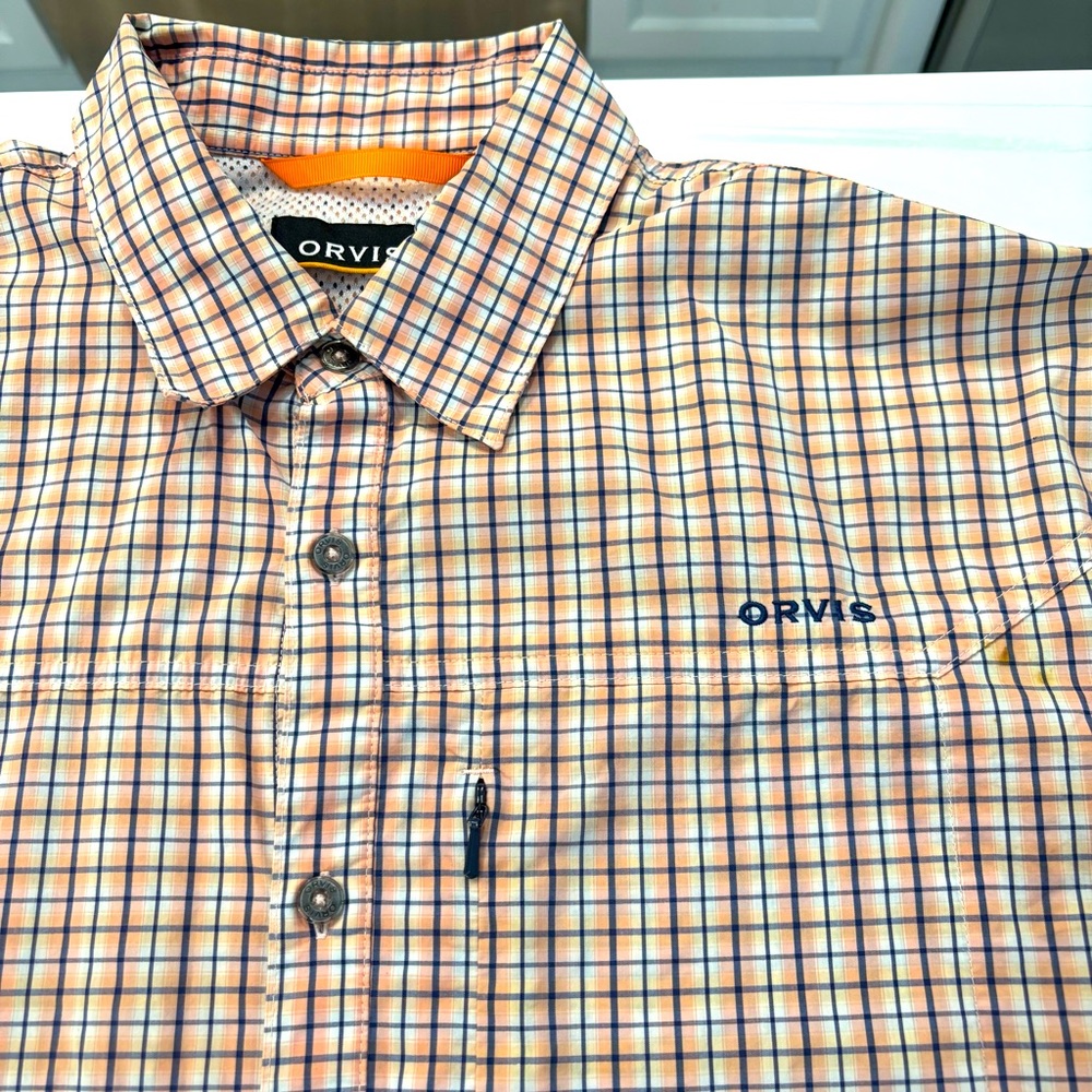 Orvis open air casting shirt
Men’s Large 
Orange and blue plaid